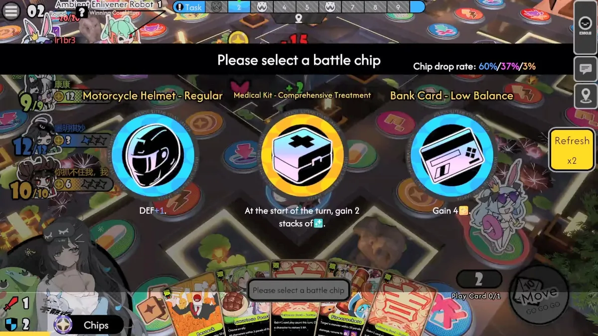 Schermata di Astral Party con la classifica di quattro giocatori e la scelta di una carta battaglia