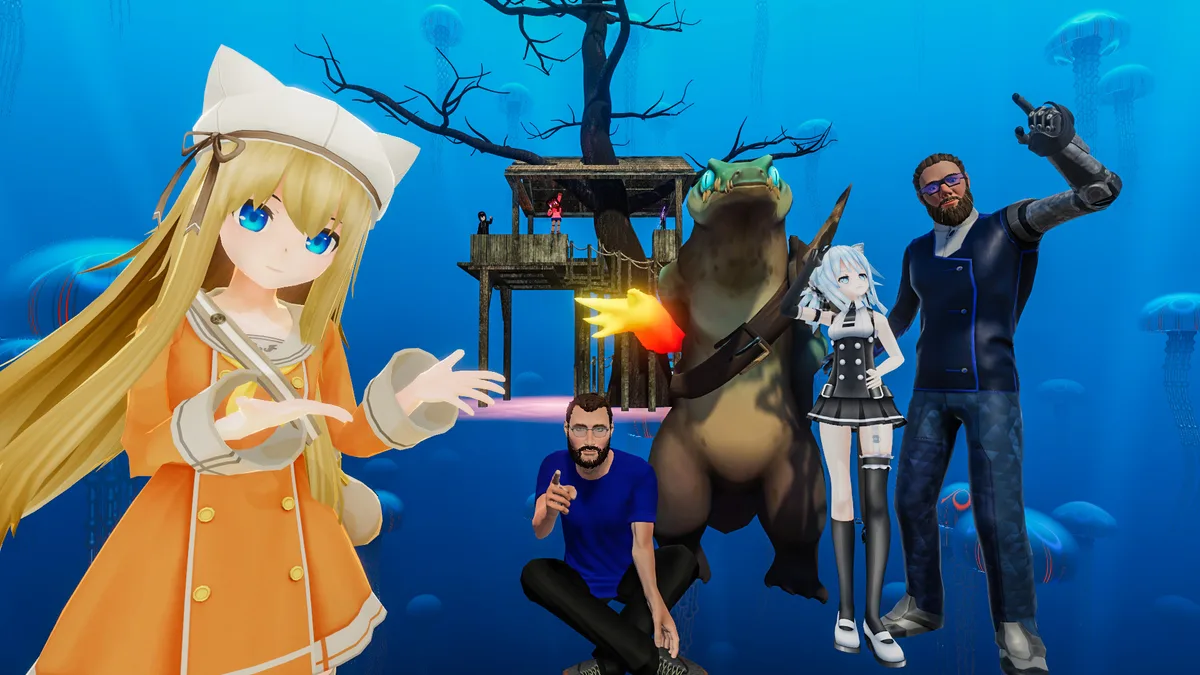 Gruppo di avatar VRChat riuniti in un mondo sottomarino vicino a una casetta sull'albero
